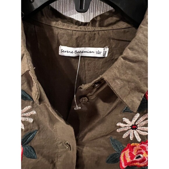 Serene Bohemian Shirt Womens Sz L Button Down Embroidered Floral Boho western - Picture 2 of 8